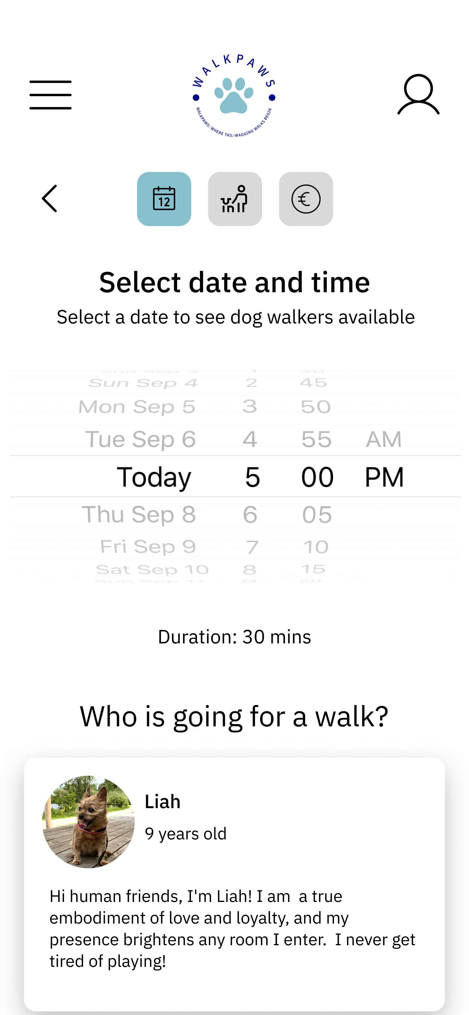Walk Paws High-Fidelity - Date Selector