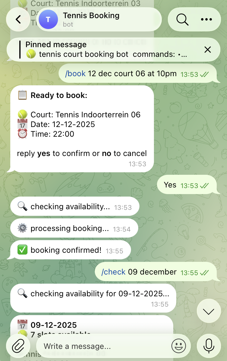 Telegram chat confirming a booking — the bot plays back court, date and time, waits for a yes, then confirms