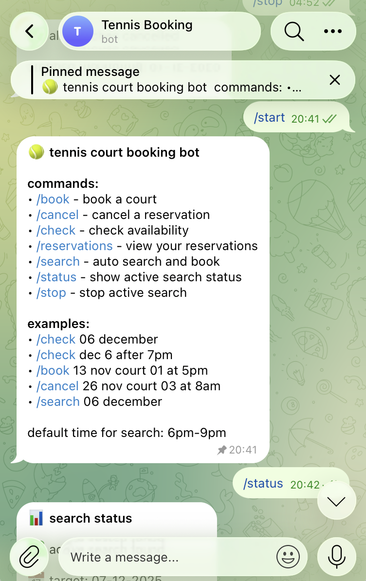 Telegram chat showing the /start command and the bot's full command menu
