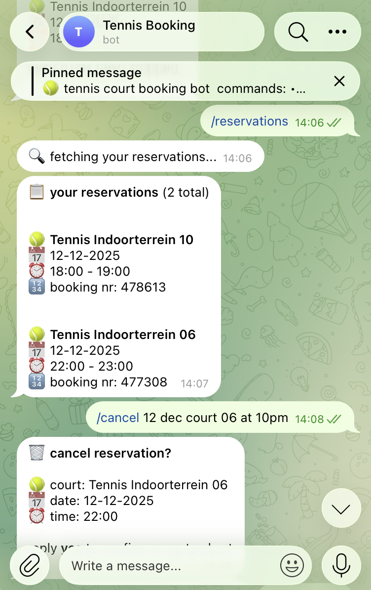 Telegram chat showing /reservations listing active bookings and /cancel removing one