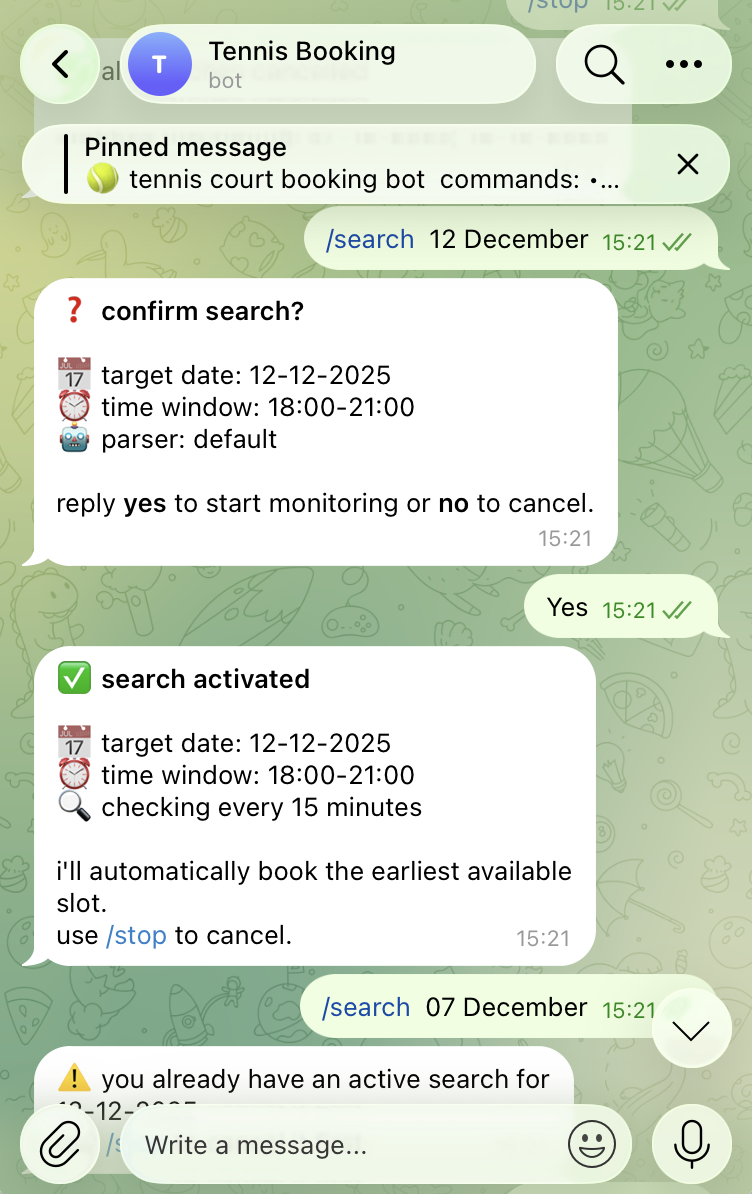 Telegram chat showing the /search command — confirm, then the bot checks every 15 minutes and books automatically